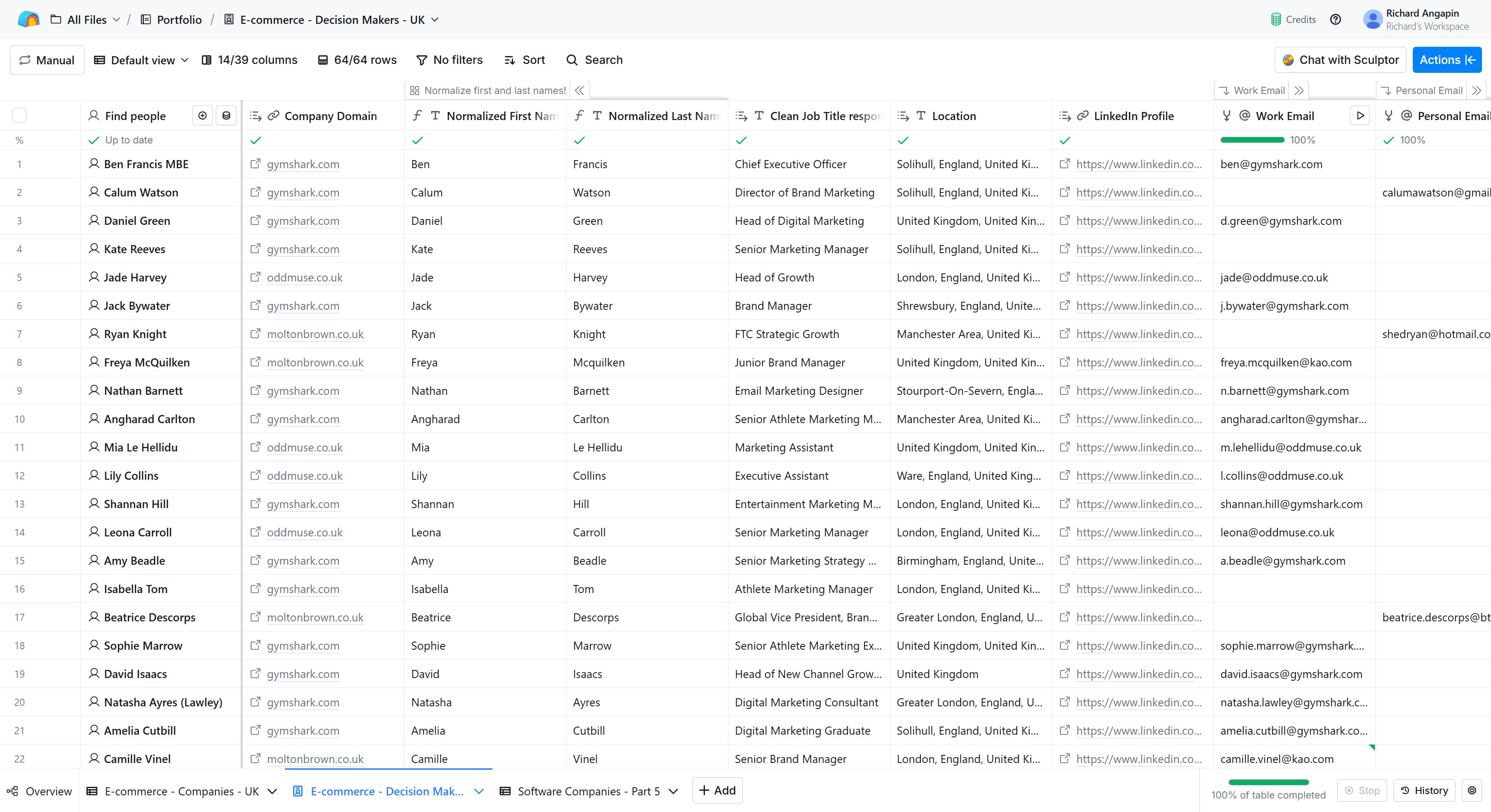 Decision makers table in Clay showing 64 contacts with verified emails