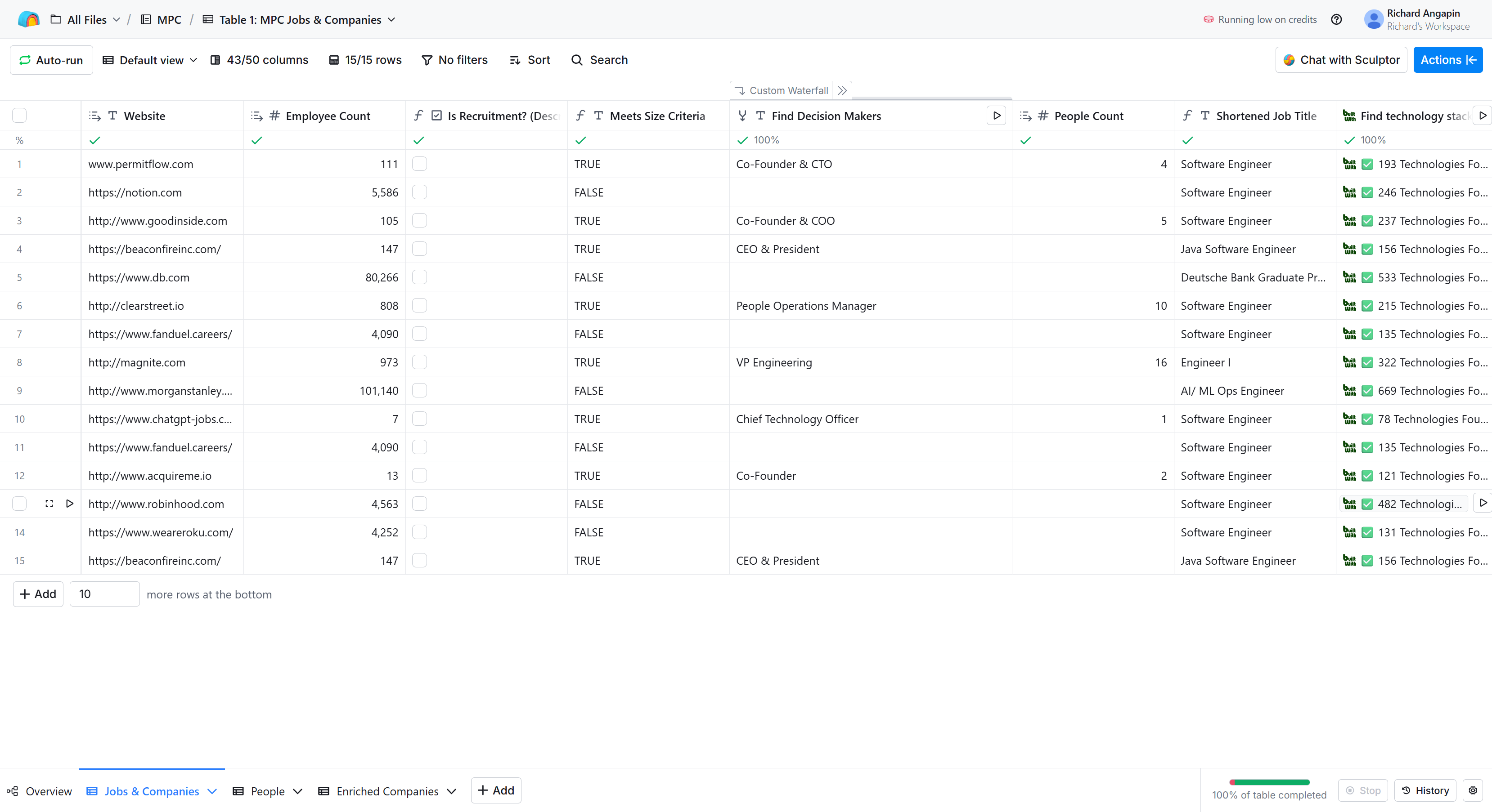 Clay Table 1 showing company qualification results with Is Recruitment and Meets Size Criteria columns